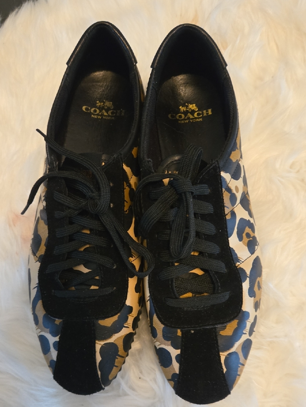 Coach Leopard-Print Lace-Up Sneakers in Black and Tan